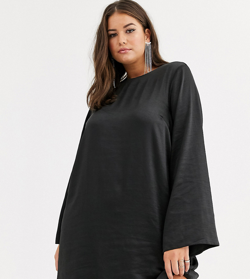ASOS DESIGN - Curve - Satijnen mini-jurk met lange mouwen-Zwart