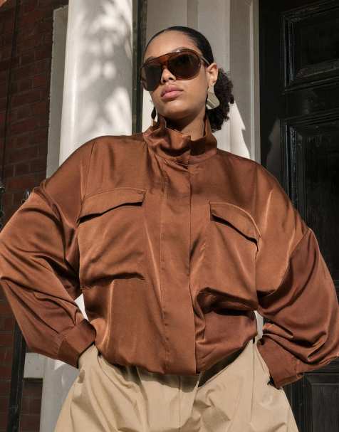 ASOS DESIGN Curve - Satijnen windjack in chocoladebruin - view 1