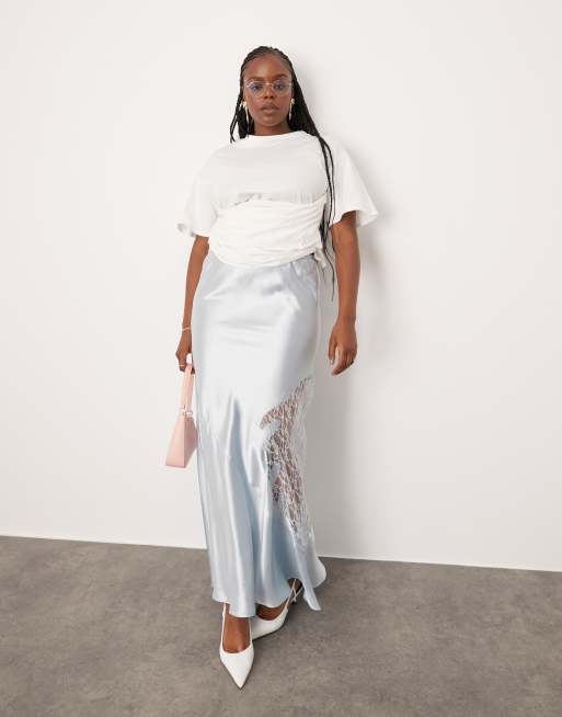 ASOS DESIGN Curve satin and lace maxi skirt in blue ASOS