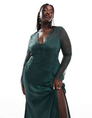 ASOS DESIGN Curve satin and lace mix bias cut maxi dress with lace up front and cut out back in deep green