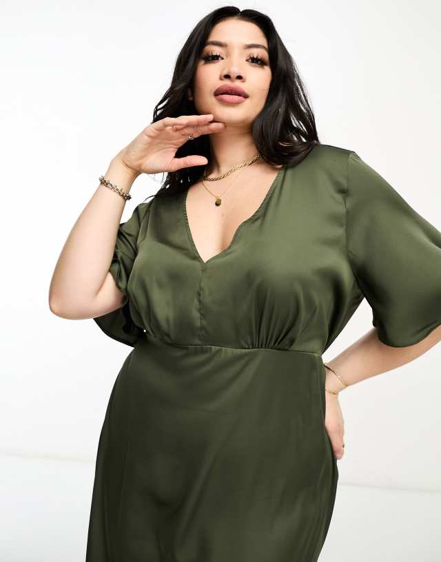 ASOS DESIGN Curve satin angel sleeve mini tea dress in khaki