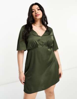 ASOS DESIGN Curve satin angel sleeve mini tea dress in khaki