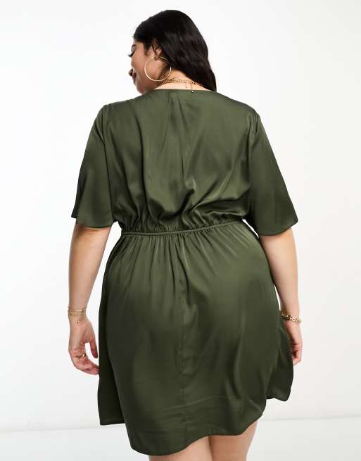 ASOS DESIGN Curve satin angel sleeve mini tea dress in khaki