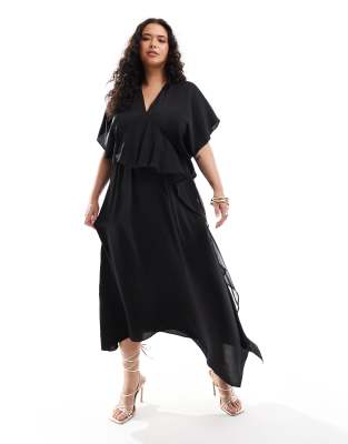 Asos Design Curve Satin Asym Frill Detail Midi Dress In Black