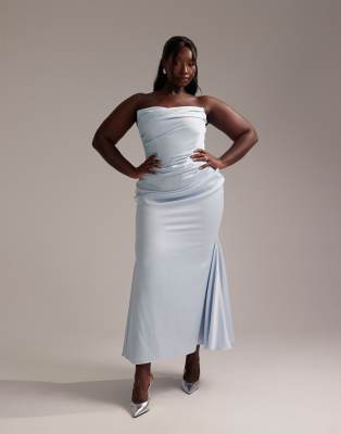 asos design curve satin bandeau bridesmaid maxi dress in light blue