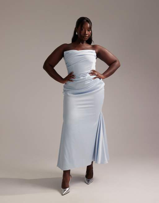 ASOS DESIGN Curve satin bandeau bridesmaid maxi dress in light blue