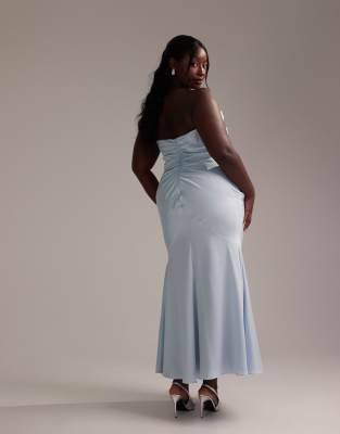 asos design curve satin bandeau bridesmaid maxi dress in light blue
