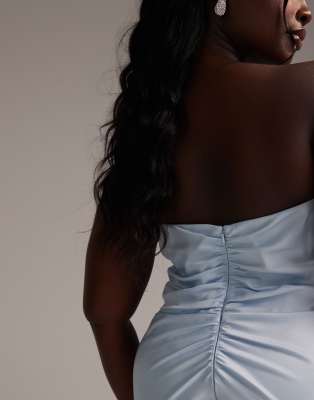 asos design curve satin bandeau bridesmaid maxi dress in light blue