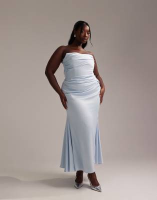 asos design curve satin bandeau bridesmaid maxi dress in light blue