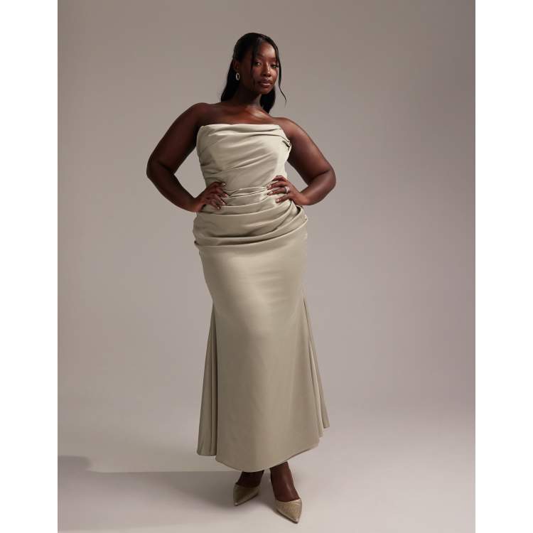 ASOS DESIGN Curve satin bandeau bridesmaid maxi dress in light green