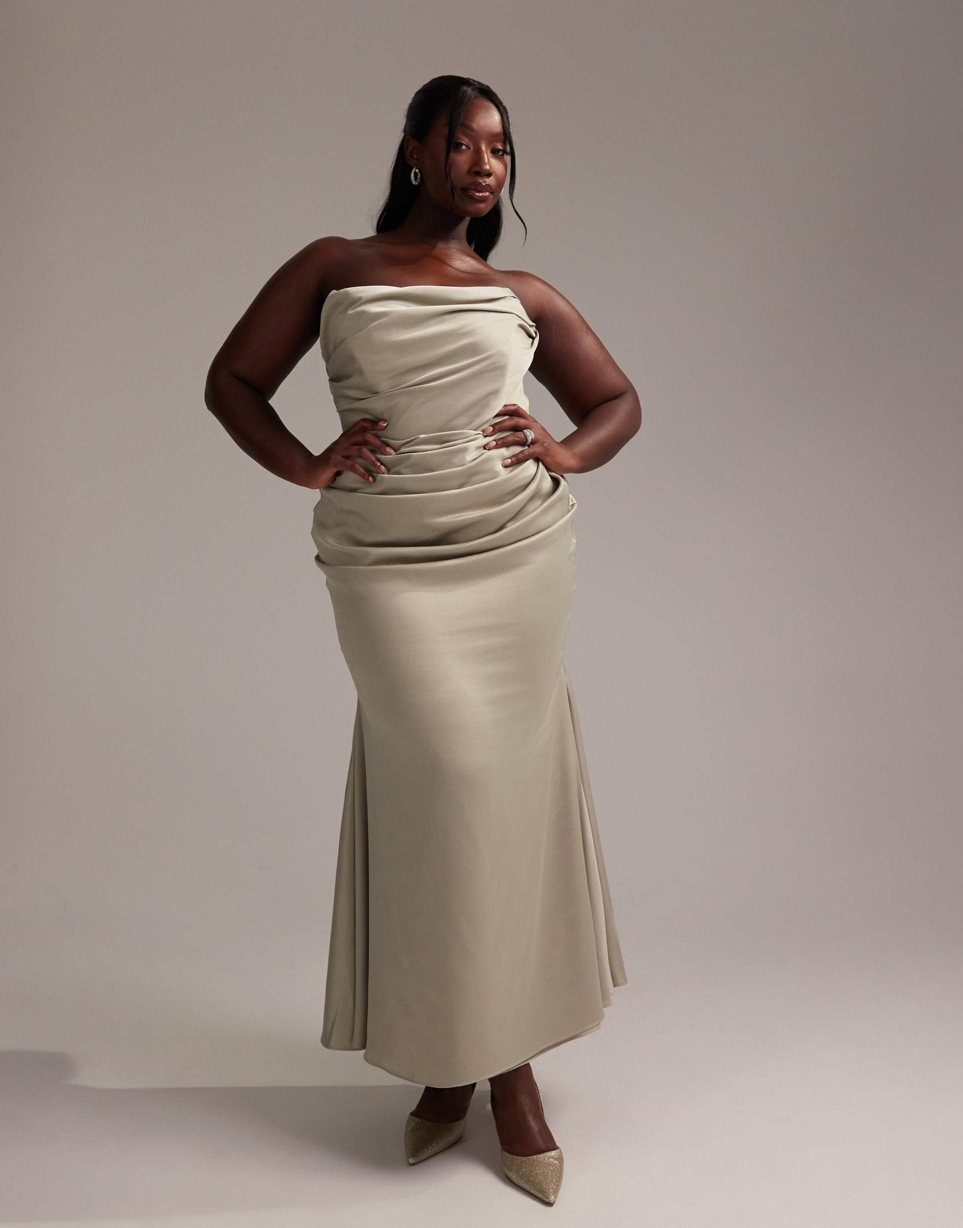 asos design curve satin bandeau bridesmaid maxi dress in light green