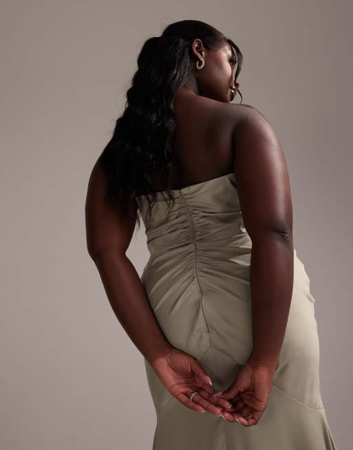 ASOS DESIGN Curve satin bandeau bridesmaid maxi dress in light green