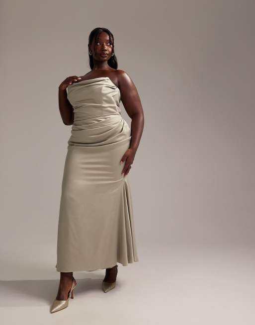 ASOS DESIGN Curve satin bandeau bridesmaid maxi dress in light green