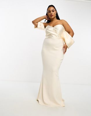 ASOS DESIGN Curve satin bandeau off shoulder bodycon maxi dress with exaggerated sleeves in cream