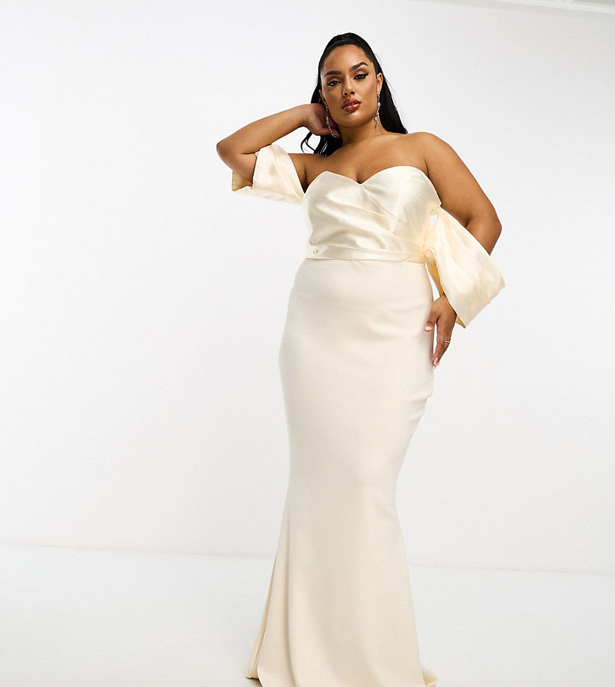ASOS DESIGN Curve satin bandeau off shoulder bodycon maxi dress with exaggerated sleeves in cream-Ne