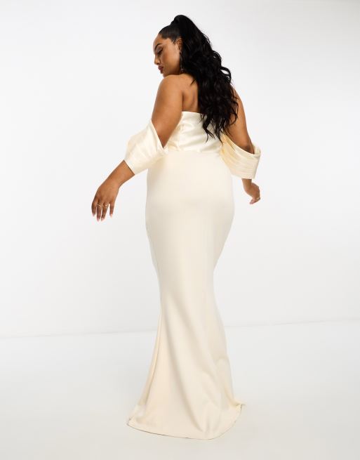 ASOS DESIGN Curve satin bandeau off-shoulder bodycon maxi dress with  exaggerated sleeves in cream