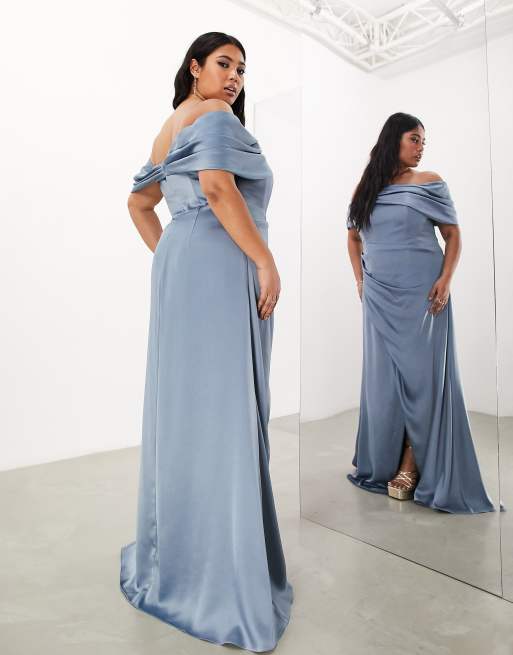 ASOS DESIGN Curve satin bardot drape wrap maxi dress in dusky blue, 2 of 4