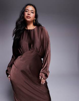 ASOS DESIGN Curve satin batwing maxi dress in chocolate