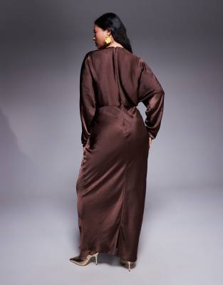 ASOS DESIGN Curve satin batwing maxi dress in chocolate