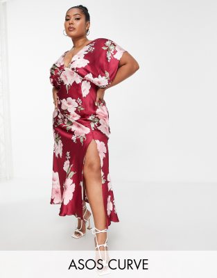 ASOS DESIGN Curve satin batwing midi dress with vintage floral artwork in red-Multi