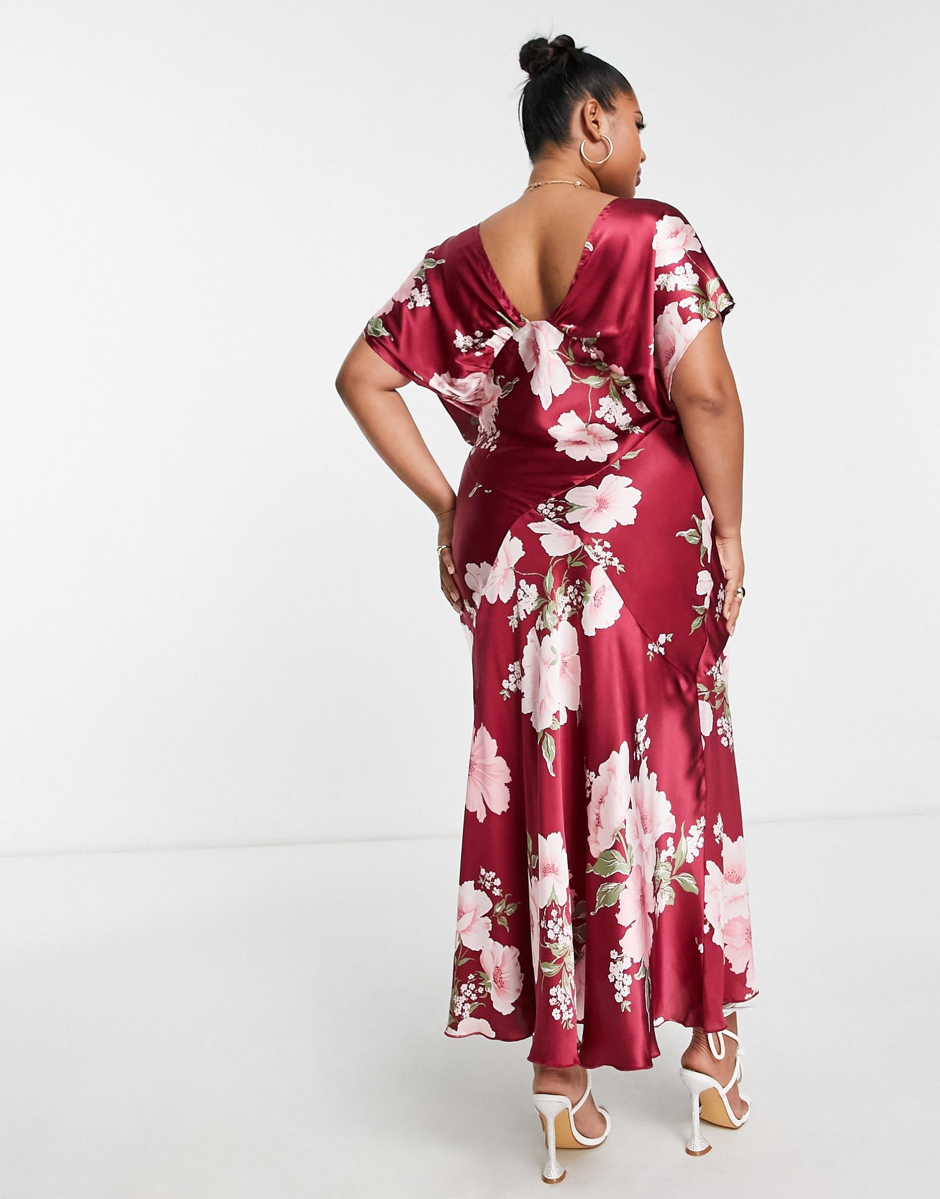 ASOS DESIGN Curve satin batwing midi dress with vintage floral artwork in red view 3
