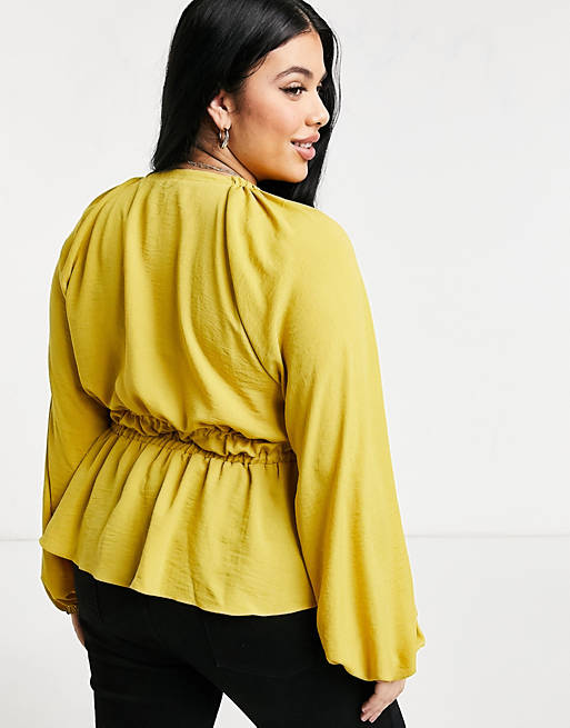 Women Curve satin batwing sleeve top with tie front in mustard 
