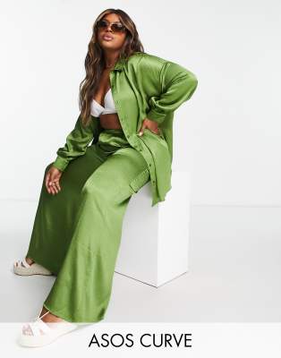 ASOS DESIGN Curve satin beach co ord shirt in khaki - ASOS Price Checker