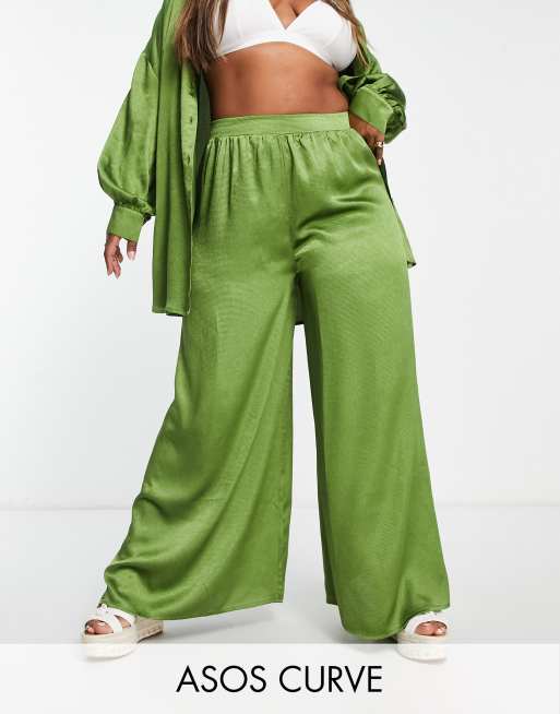 ASOS DESIGN Curve satin beach palazzo pants in khaki (part of a set)