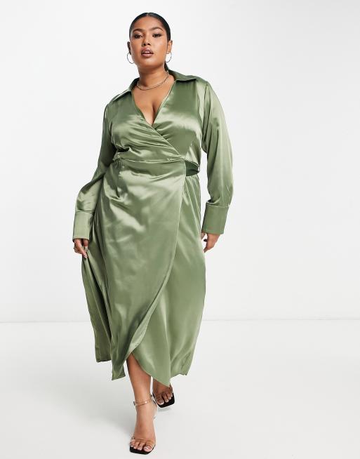 FhyzicsShops DESIGN Curve satin belted wrap collared midi dress in dark sage