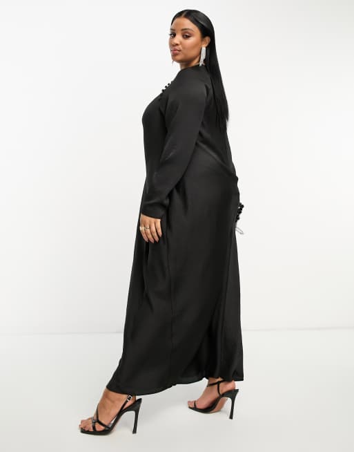 ASOS DESIGN Curve satin bias maxi dress with button detail in black | ASOS