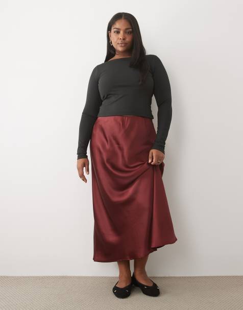 ASOS DESIGN Curve satin bias maxi skirt in burgundy - view 1