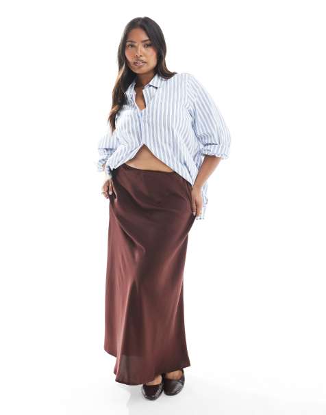 ASOS DESIGN Curve satin bias maxi skirt in chocolate - view 1