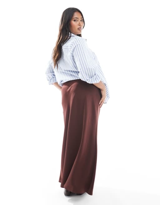 ASOS DESIGN Curve satin bias maxi skirt in chocolate