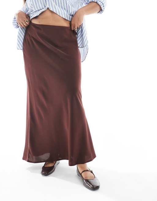 ASOS DESIGN Curve satin bias maxi skirt in chocolate