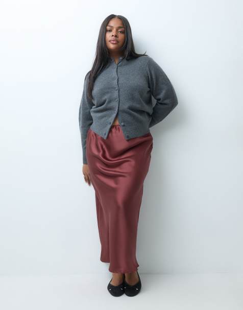 ASOS DESIGN Curve satin bias maxi skirt in maroon - view 1