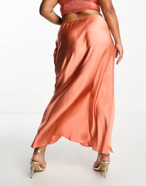ASOS DESIGN Curve satin bias midi skirt in apricot , 2 of 4