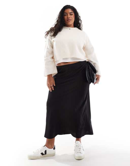 ASOS DESIGN Curve satin bias midi skirt in black ASOS