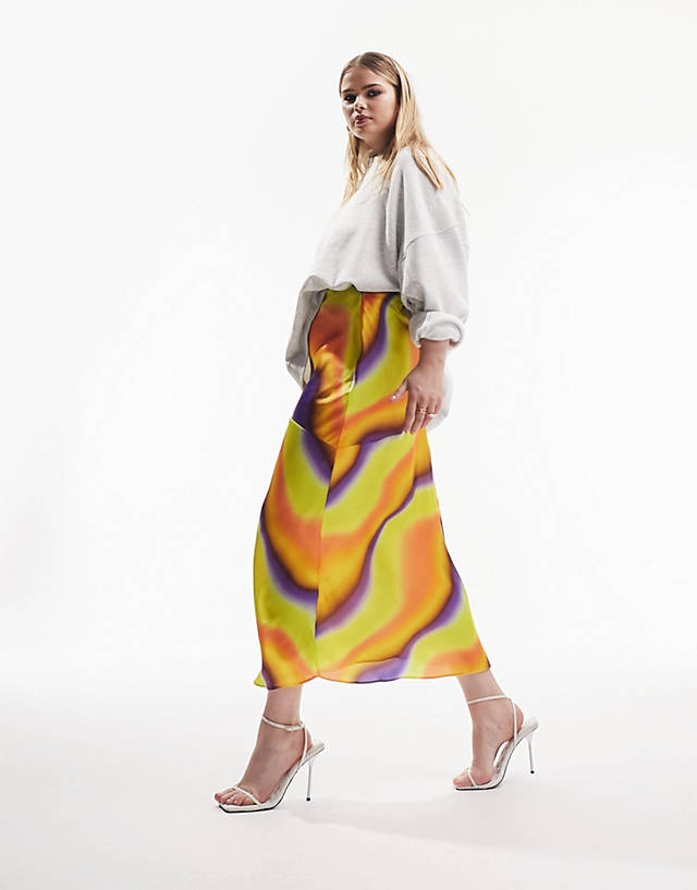 ASOS Curve - ASOS DESIGN Curve satin bias midi skirt in bright tie dye print