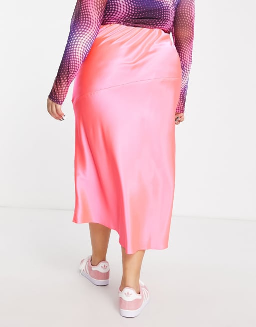 ASOS DESIGN Curve satin bias midi skirt in pink neon, 2 of 4