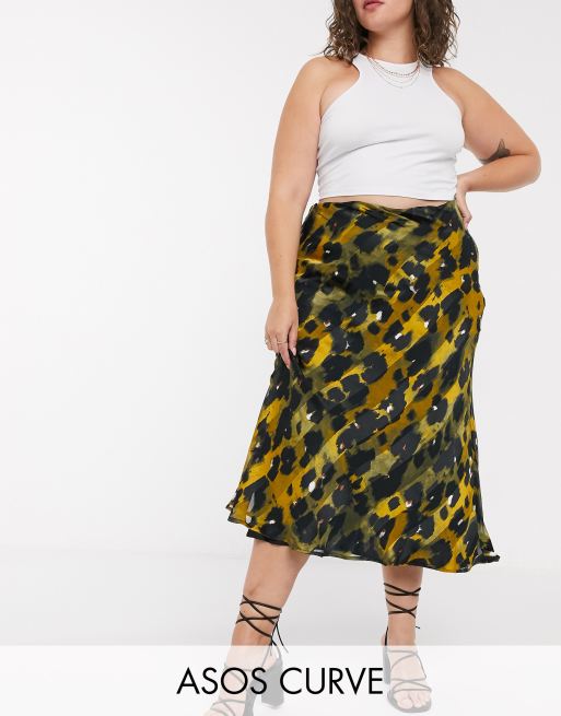 ASOS DESIGN Curve satin bias midi skirt in striped leopard print