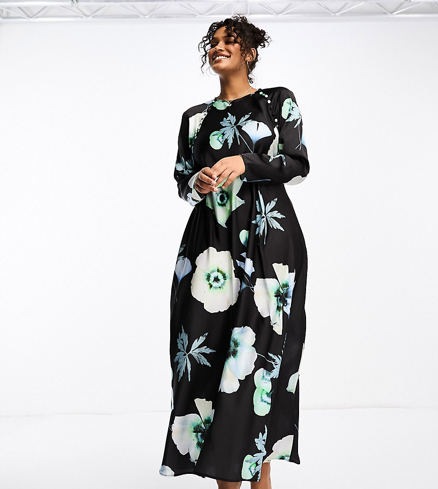 Asos Curve Asos Design Curve Satin Biased Maxi Dress With Button Detail In Black Based Floral Print-multi
