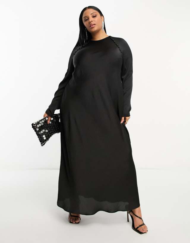 ASOS DESIGN Curve satin biased maxi dress with button detail in black