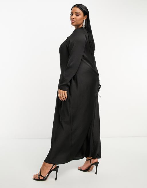 ASOS DESIGN Curve satin biased maxi dress with button detail in black ...
