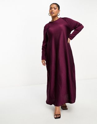 ASOS DESIGN Curve satin biased maxi dress with button detail in burgundy