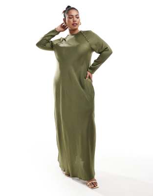 Asos Curve Asos Design Curve Satin Biased Maxi Dress With Button Detail In Khaki-green