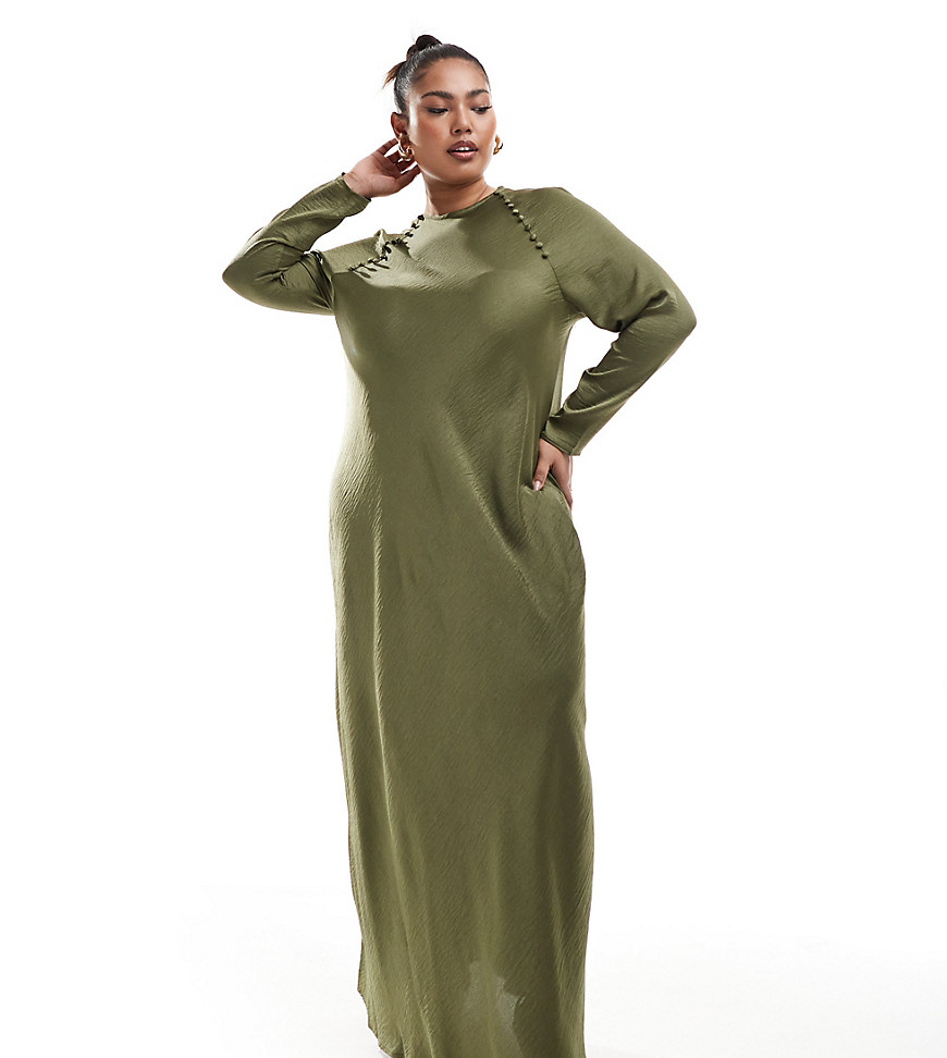 ASOS DESIGN Curve satin biased maxi dress with button detail in khaki-Green