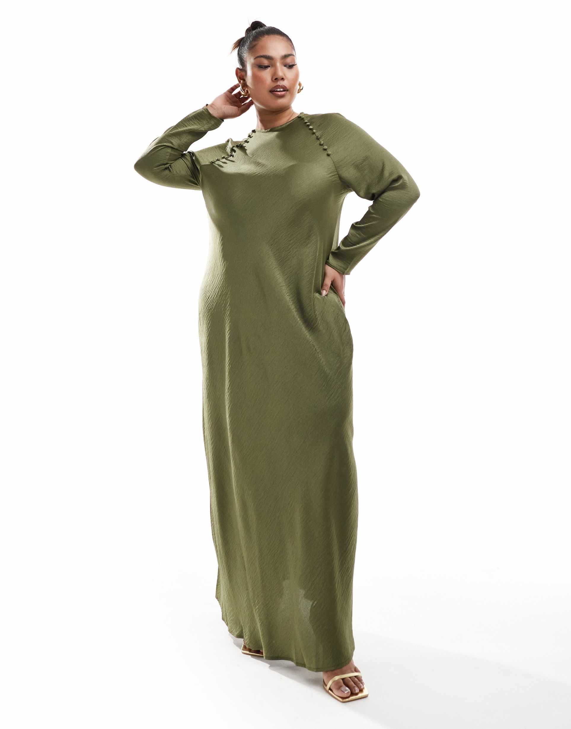 asos design curve satin biased maxi dress with button detail in khaki