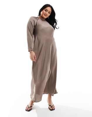 ASOS DESIGN Curve satin biased maxi dress with button detail in mocha-Brown