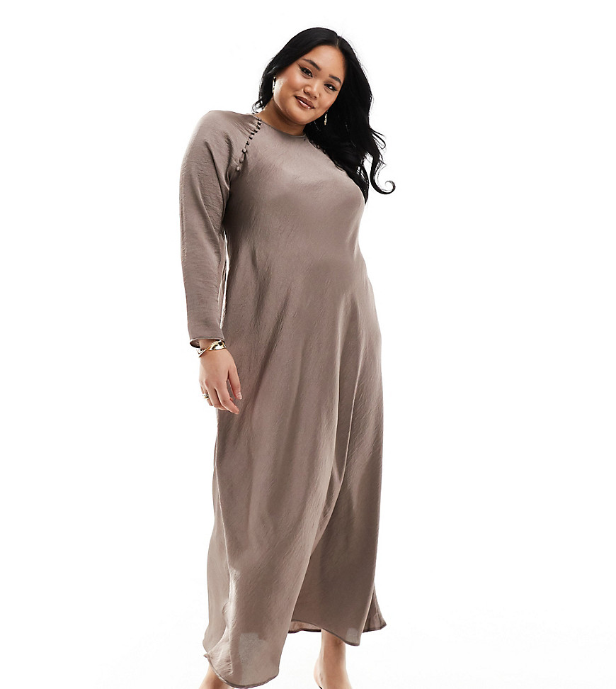 ASOS DESIGN Curve satin biased maxi dress with button detail in mocha-Brown