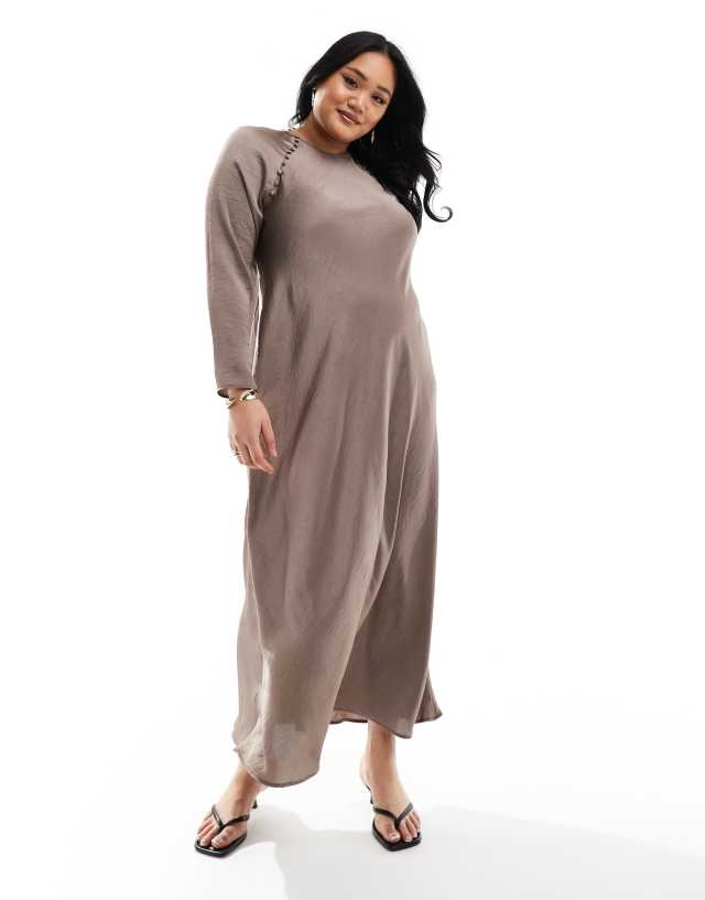 ASOS Curve - ASOS DESIGN Curve satin biased maxi dress with button detail in mocha